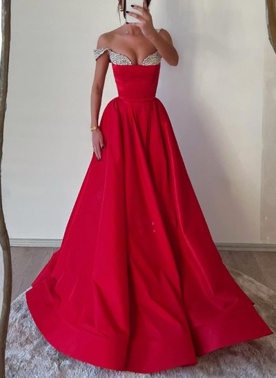 A-Line Off-The-Shoulder Sleeveless Satin Prom Dresses With Rhinestone