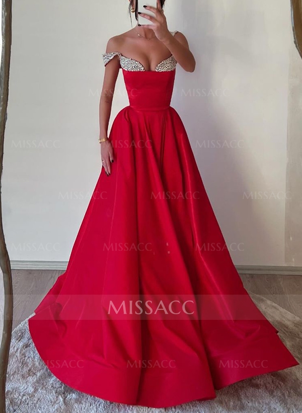 A-Line Off-The-Shoulder Sleeveless Satin Prom Dresses With Rhinestone