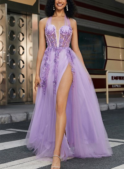 A-Line Halter Sleeveless Sweep Train Tulle Prom Dresses With Appliques Lace