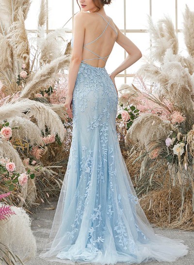 Trumpet/Mermaid Strapless Lace/Tulle Prom Dresses With Appliques Lace
