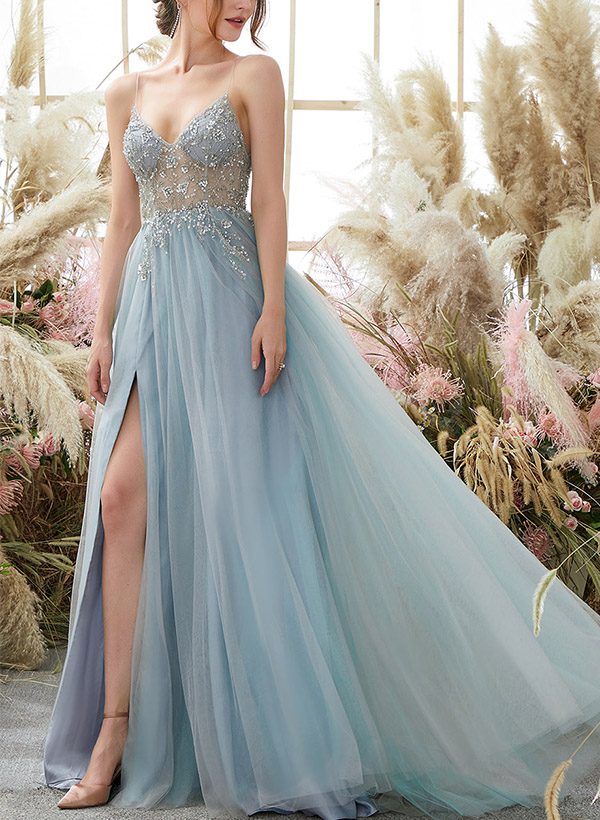 A-Line V-Neck Sleeveless Sweep Train Tulle Prom Dresses With High Split