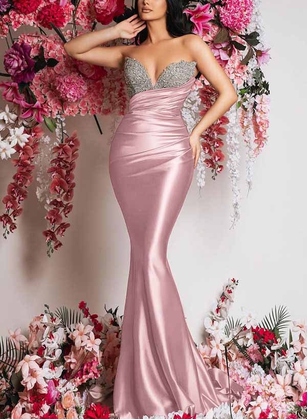 Trumpet/Mermaid Sweetheart Silk Like Satin Prom Dresses With Sequins