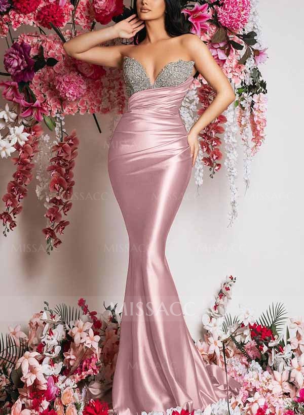 Trumpet/Mermaid Sweetheart Silk Like Satin Prom Dresses With Sequins