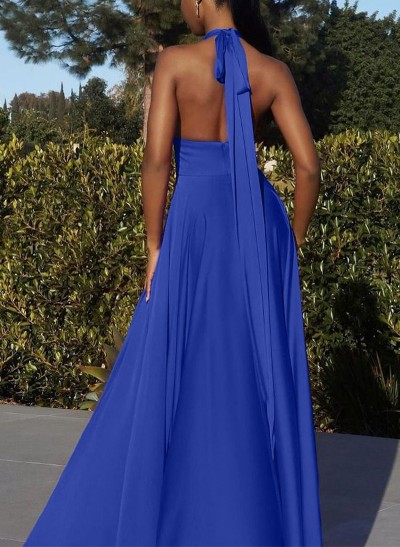 A-Line Halter Sleeveless Floor-Length Satin Prom Dresses With High Split