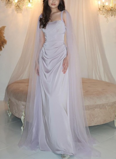 Sheath/Column Strapless Tulle/Silk Like Satin Prom Dresses With Beading