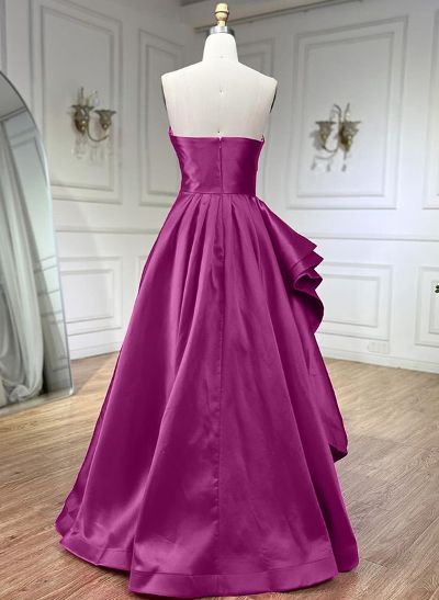 A-Line Strapless Sleeveless Floor-Length Satin Prom Dresses With Ruffle