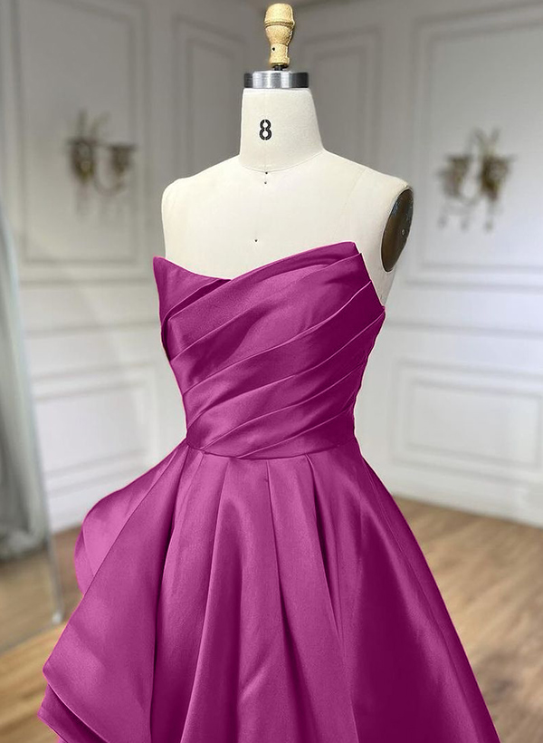 A-Line Strapless Sleeveless Floor-Length Satin Prom Dresses With Ruffle
