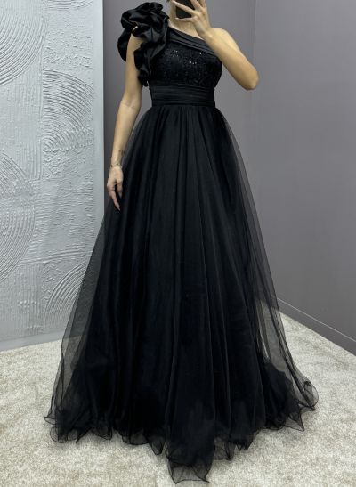A-Line One-Shoulder Sleeveless Satin/Tulle Prom Dresses With Ruffle