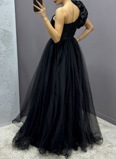 A-Line One-Shoulder Sleeveless Satin/Tulle Prom Dresses With Ruffle