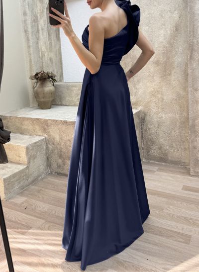 A-Line One-Shoulder Sleeveless Satin Prom Dresses With Ruffle/Pockets/High Split