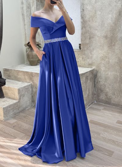 A-Line Off-The-Shoulder Sleeveless Sweep Train Satin Prom Dresses With Pockets