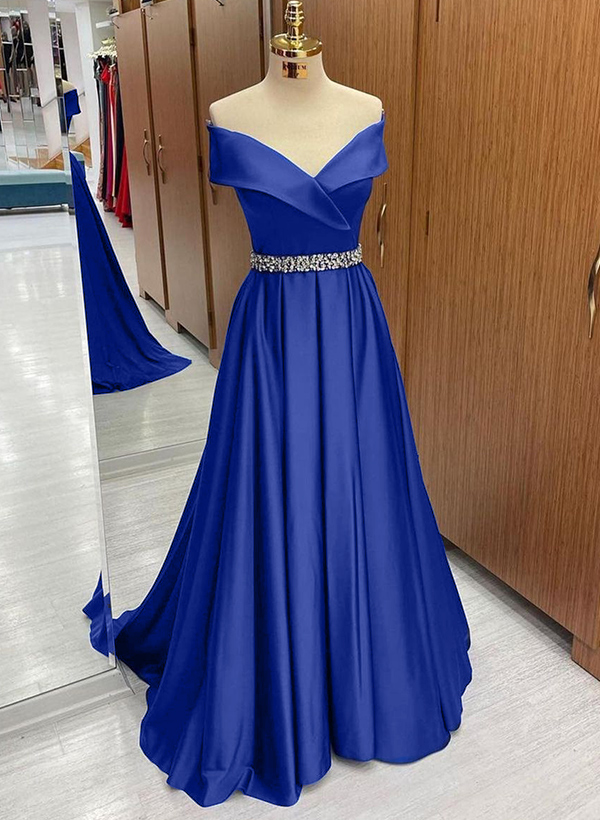 A-Line Off-The-Shoulder Sleeveless Sweep Train Satin Prom Dresses With Pockets