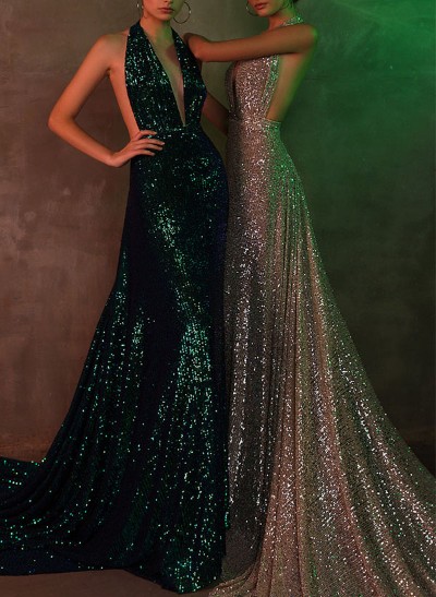 Sheath/Column Halter Sequined Prom Dresses With Back Hole