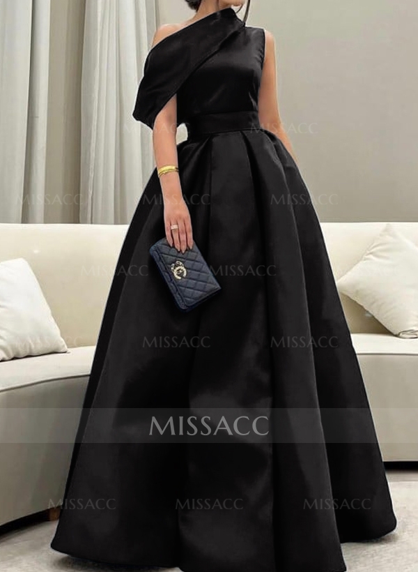 A-Line Asymmetrical Sleeveless Floor-Length Satin Prom Dresses