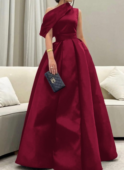 A-Line Asymmetrical Sleeveless Floor-Length Satin Prom Dresses