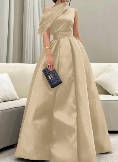 A-Line Asymmetrical Sleeveless Floor-Length Satin Prom Dresses