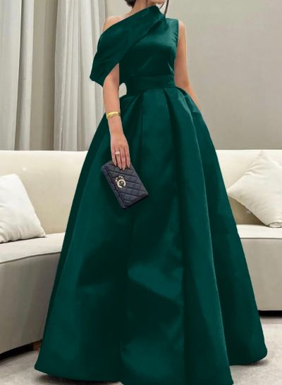 A-Line Asymmetrical Sleeveless Floor-Length Satin Prom Dresses