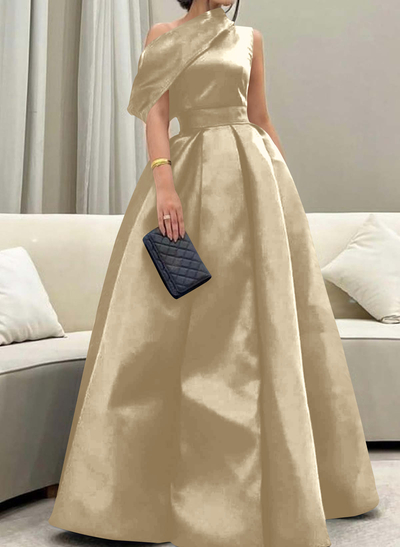 A-Line Asymmetrical Sleeveless Floor-Length Satin Prom Dresses
