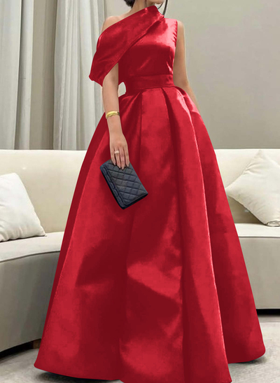A-Line Asymmetrical Sleeveless Floor-Length Satin Prom Dresses