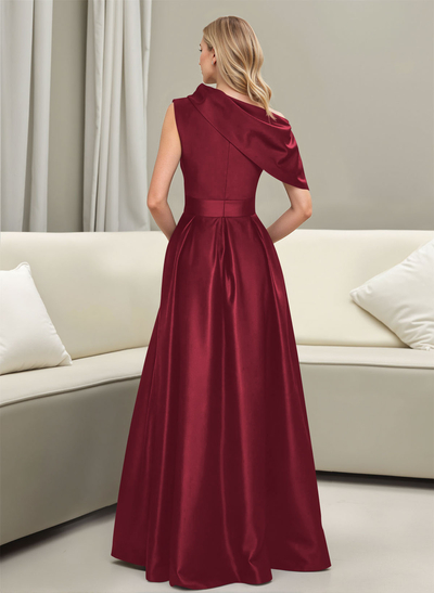 A-Line Asymmetrical Sleeveless Floor-Length Satin Prom Dresses