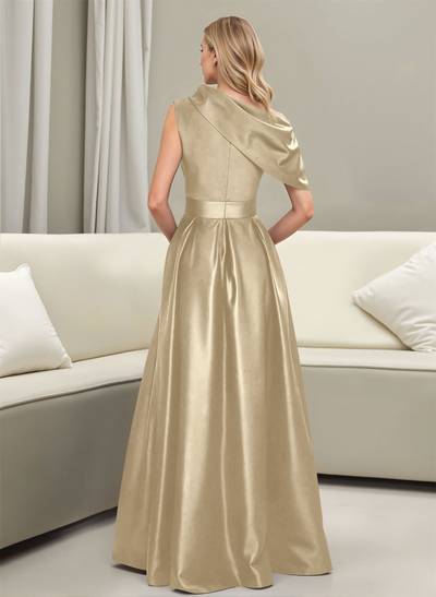 A-Line Asymmetrical Sleeveless Floor-Length Satin Prom Dresses
