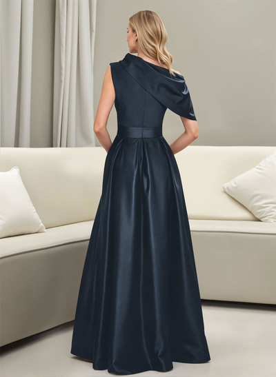 A-Line Asymmetrical Sleeveless Floor-Length Satin Prom Dresses