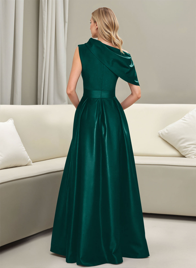A-Line Asymmetrical Sleeveless Floor-Length Satin Prom Dresses