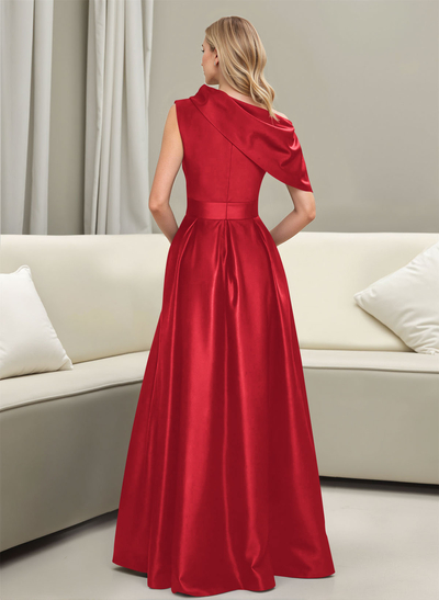 A-Line Asymmetrical Sleeveless Floor-Length Satin Prom Dresses