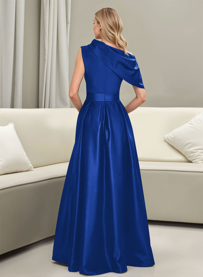 A-Line Asymmetrical Sleeveless Floor-Length Satin Prom Dresses
