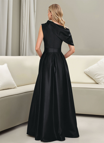 A-Line Asymmetrical Sleeveless Floor-Length Satin Prom Dresses