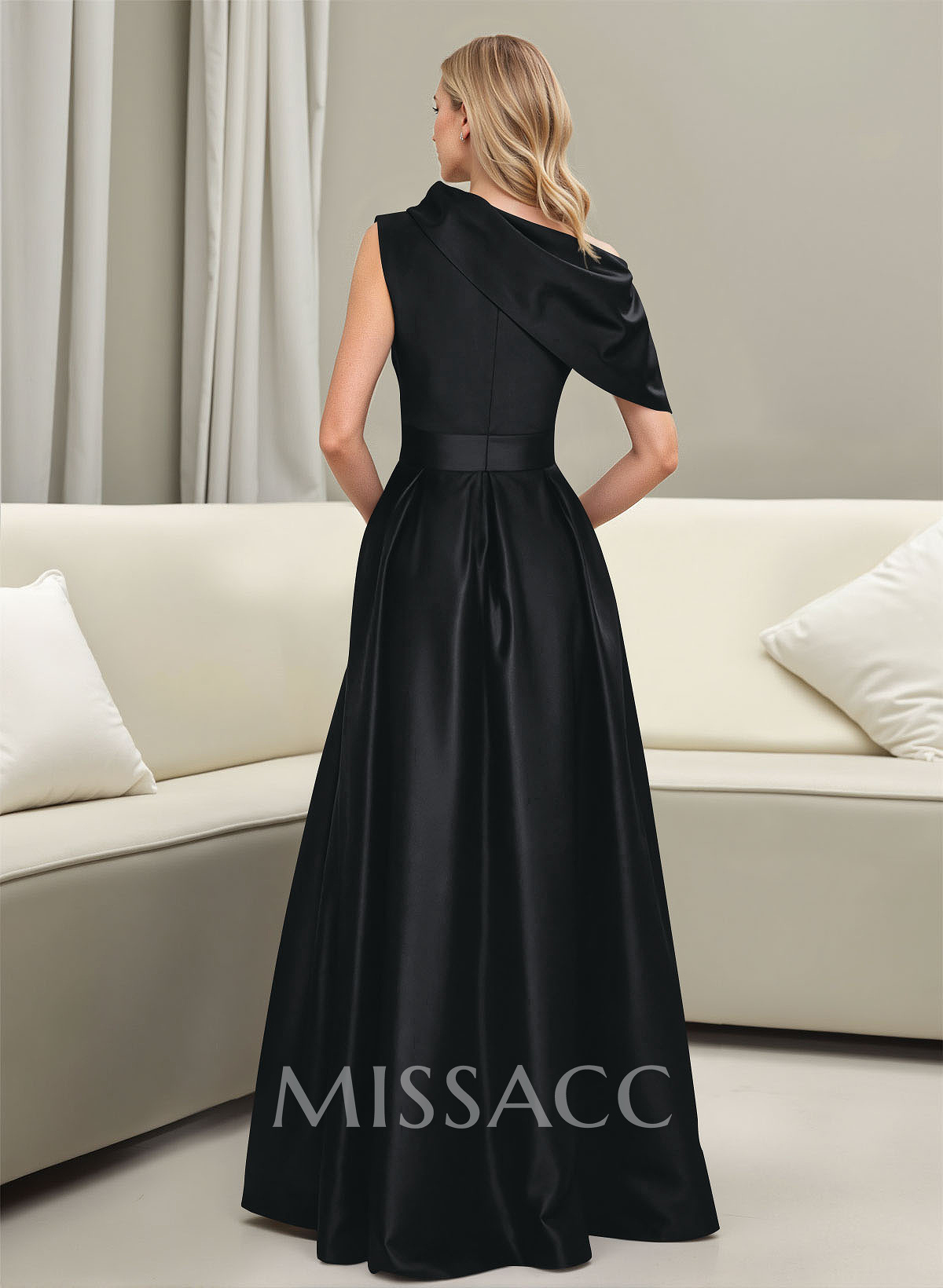 A-Line Asymmetrical Sleeveless Floor-Length Satin Prom Dresses