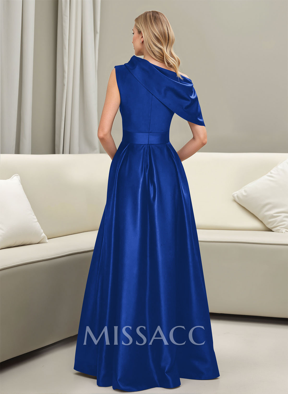 A-Line Asymmetrical Sleeveless Floor-Length Satin Prom Dresses