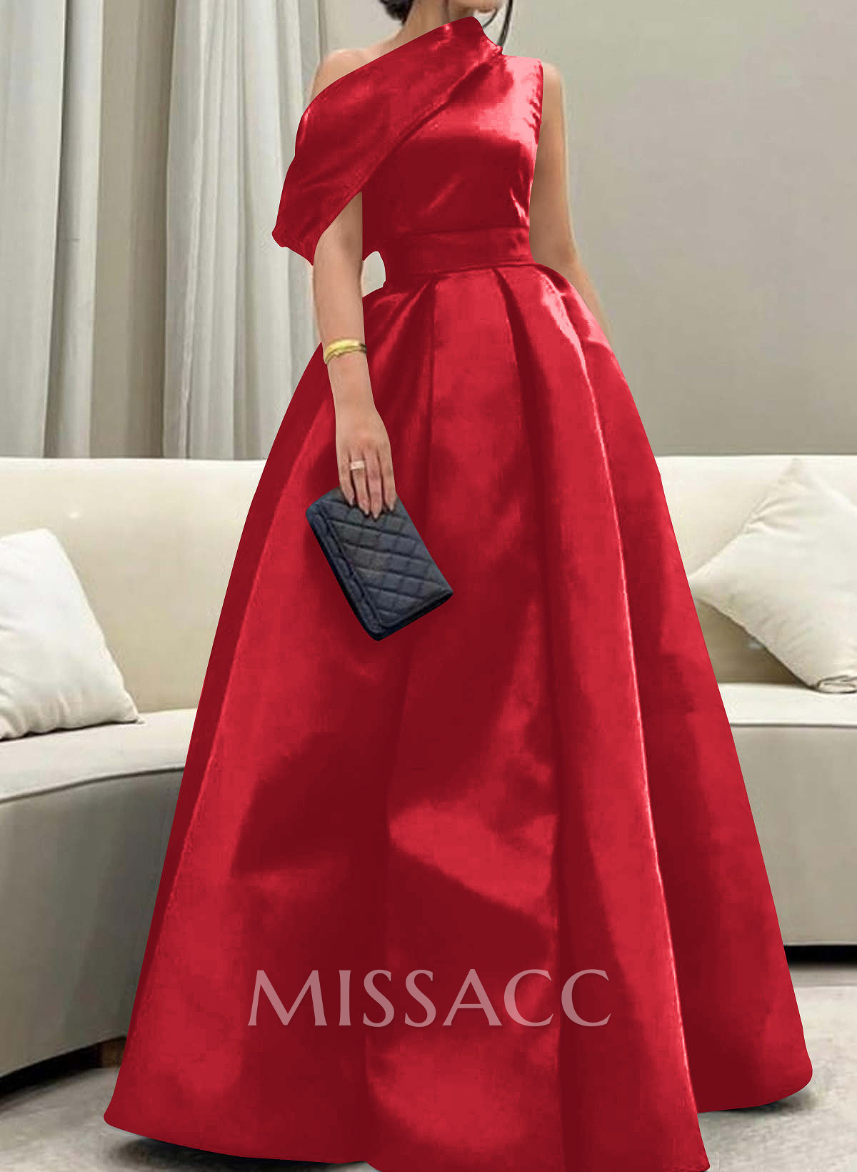 A-Line Asymmetrical Sleeveless Floor-Length Satin Prom Dresses