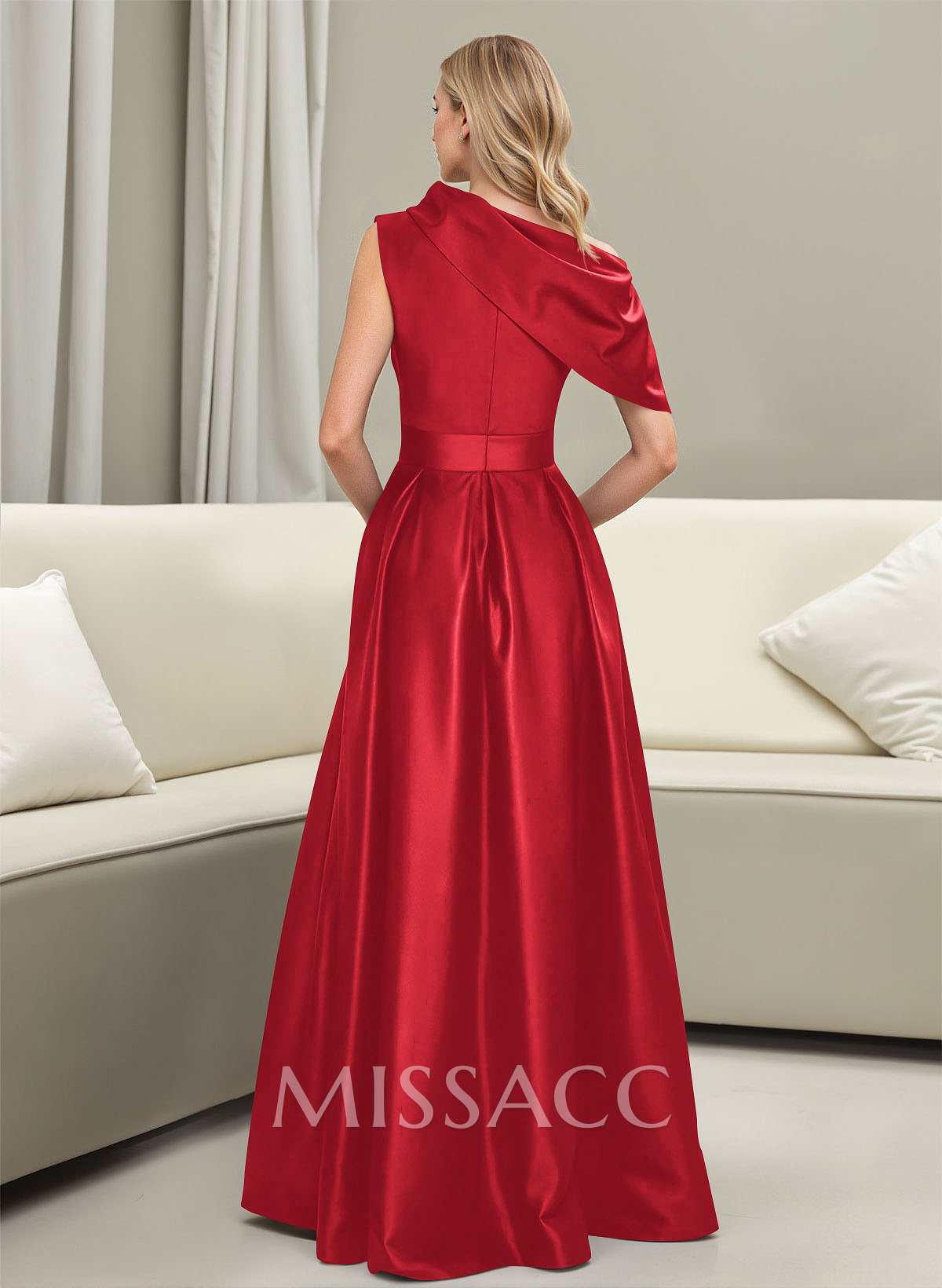 A-Line Asymmetrical Sleeveless Floor-Length Satin Prom Dresses