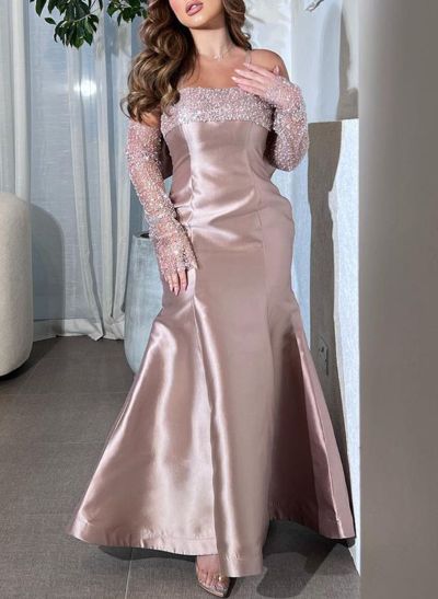 Trumpet/Mermaid Strapless Detachable Sleeves Satin Prom Dresses With Bow(s)