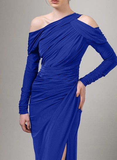 Sheath/Column Asymmetrical Long Sleeves Jersey Prom Dresses With High Split