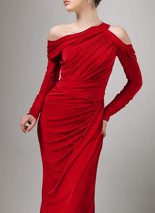 Sheath/Column Asymmetrical Long Sleeves Jersey Prom Dresses With High Split