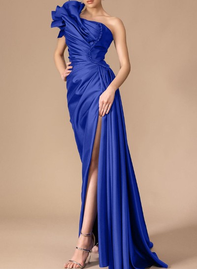 Sheath/Column One-Shoulder Satin Prom Dresses With Ruffle/High Split