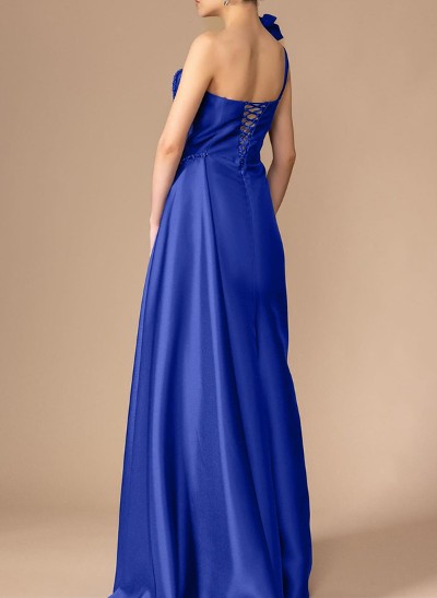 Sheath/Column One-Shoulder Floor-Length Matte Satin Prom Dresses With Ruffle/High Split