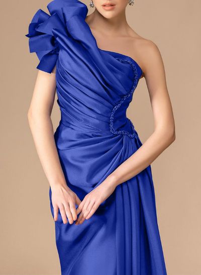 Sheath/Column One-Shoulder Floor-Length Matte Satin Prom Dresses With Ruffle/High Split