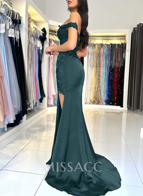 Trumpet/Mermaid Silk Like Satin Prom Dresses With Lace/High Split Trumpet/Mermaid Silk Like Satin Prom Dresses With Lace/High Split