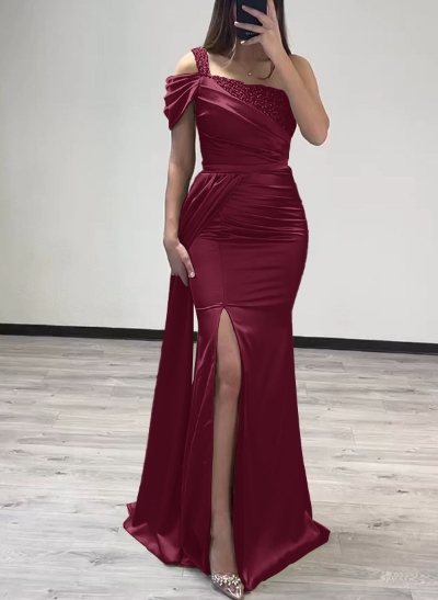 Sheath/Column One-Shoulder Silk Like Satin Prom Dresses With High Split