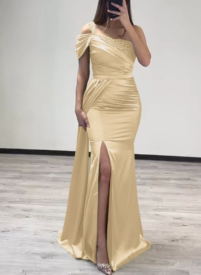 Sheath/Column One-Shoulder Silk Like Satin Prom Dresses With High Split