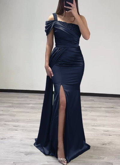 Sheath/Column One-Shoulder Silk Like Satin Prom Dresses With High Split