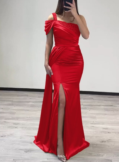 Sheath/Column One-Shoulder Silk Like Satin Prom Dresses With High Split