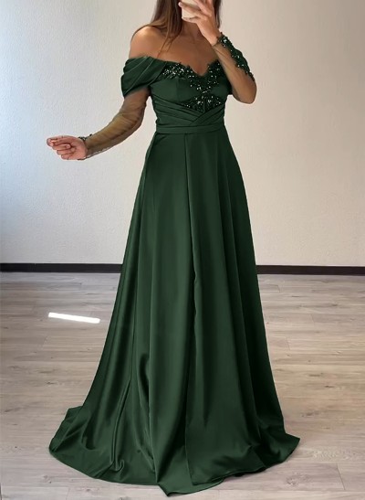A-Line Off-The-Shoulder Long Sleeves Sweep Train Silk Like Satin Prom Dresses