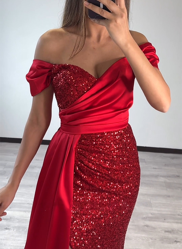 Sheath/Column Silk Like Satin/Sequined Prom Dresses With High Split