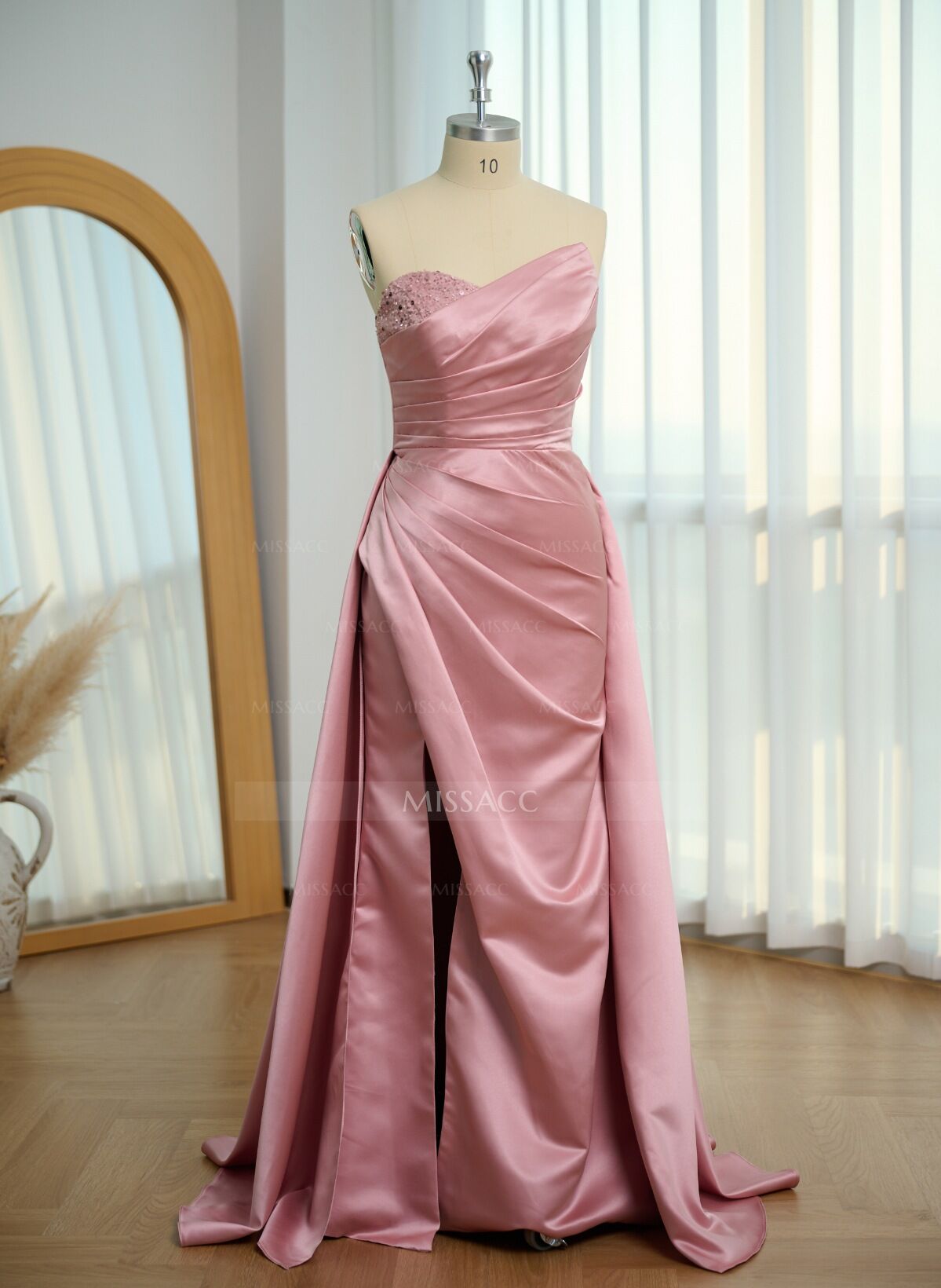 A-Line Strapless Sleeveless Floor-Length Satin Prom Dresses With High Split