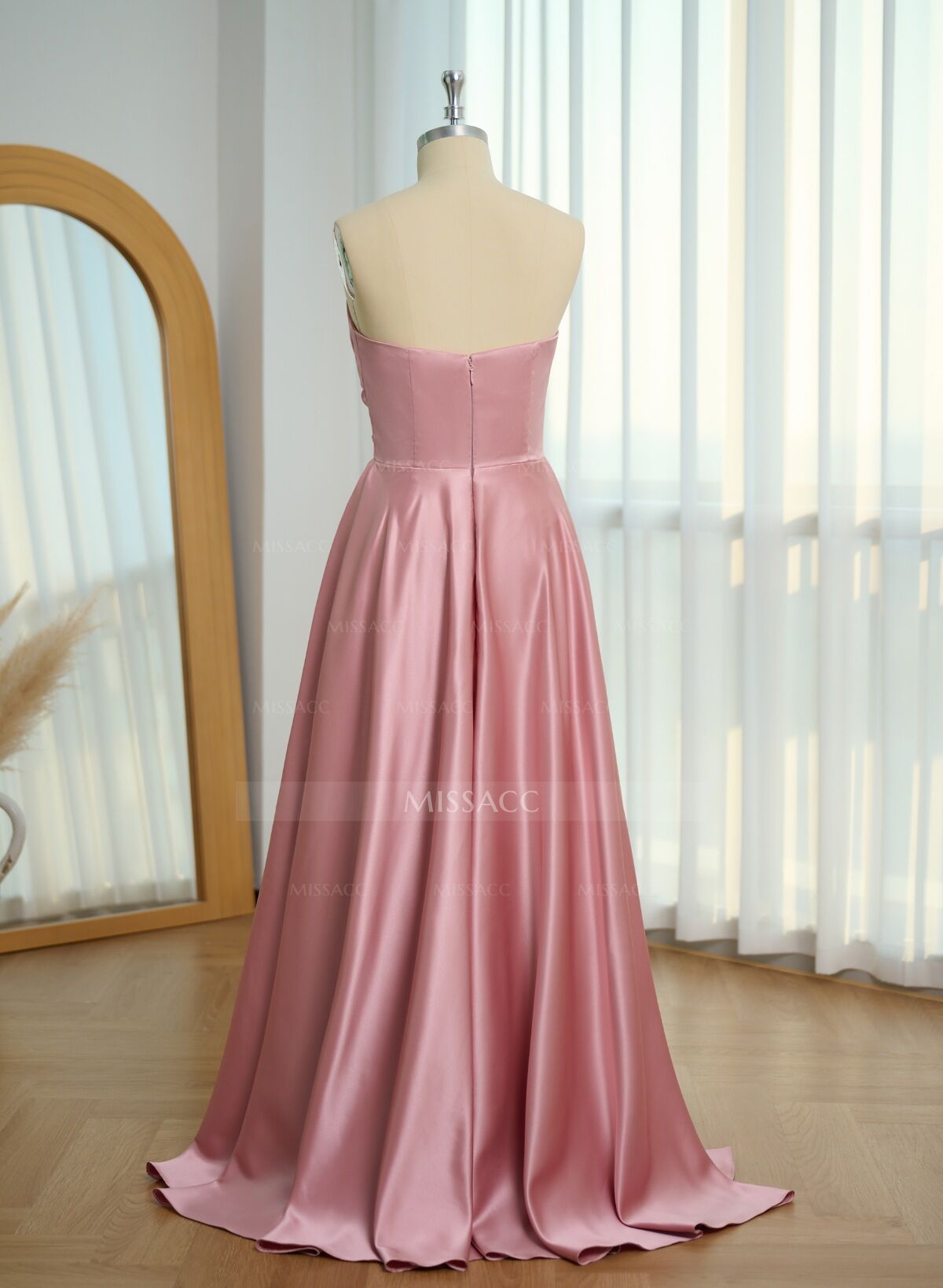 A-Line Strapless Sleeveless Floor-Length Satin Prom Dresses With High Split