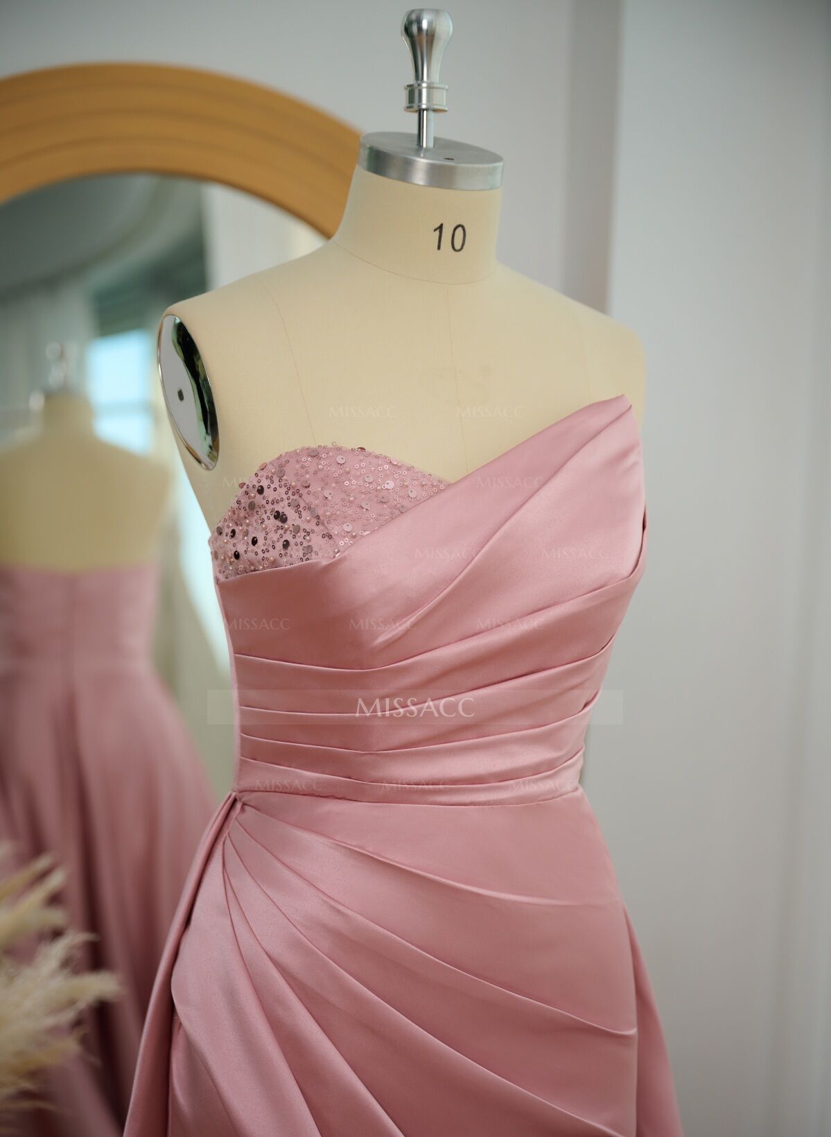 A-Line Strapless Sleeveless Floor-Length Satin Prom Dresses With High Split